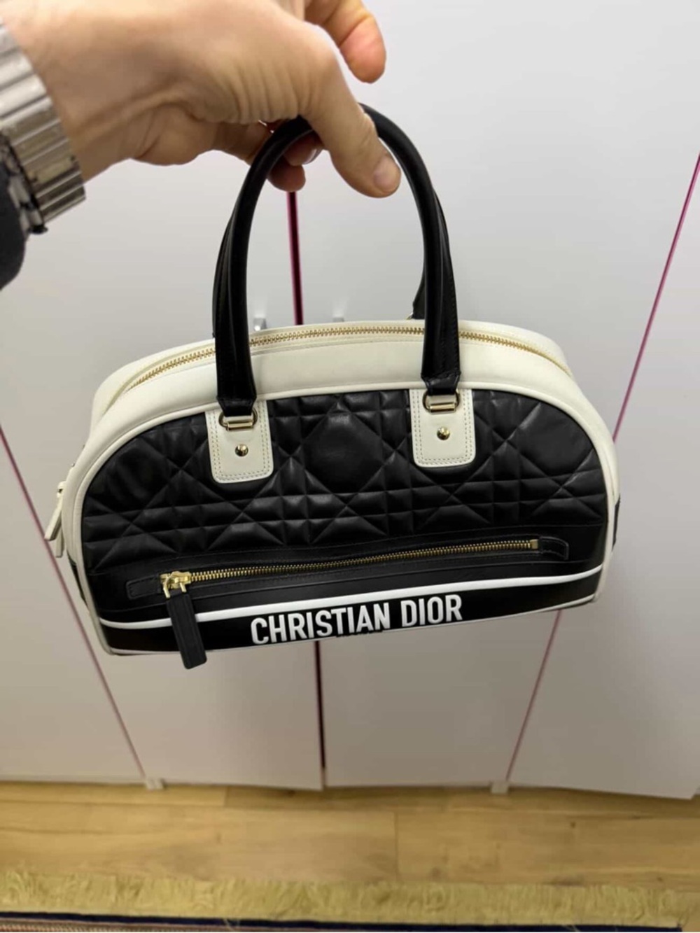 Christian Dior authentic Black and White Quilted Mini hand Bag
